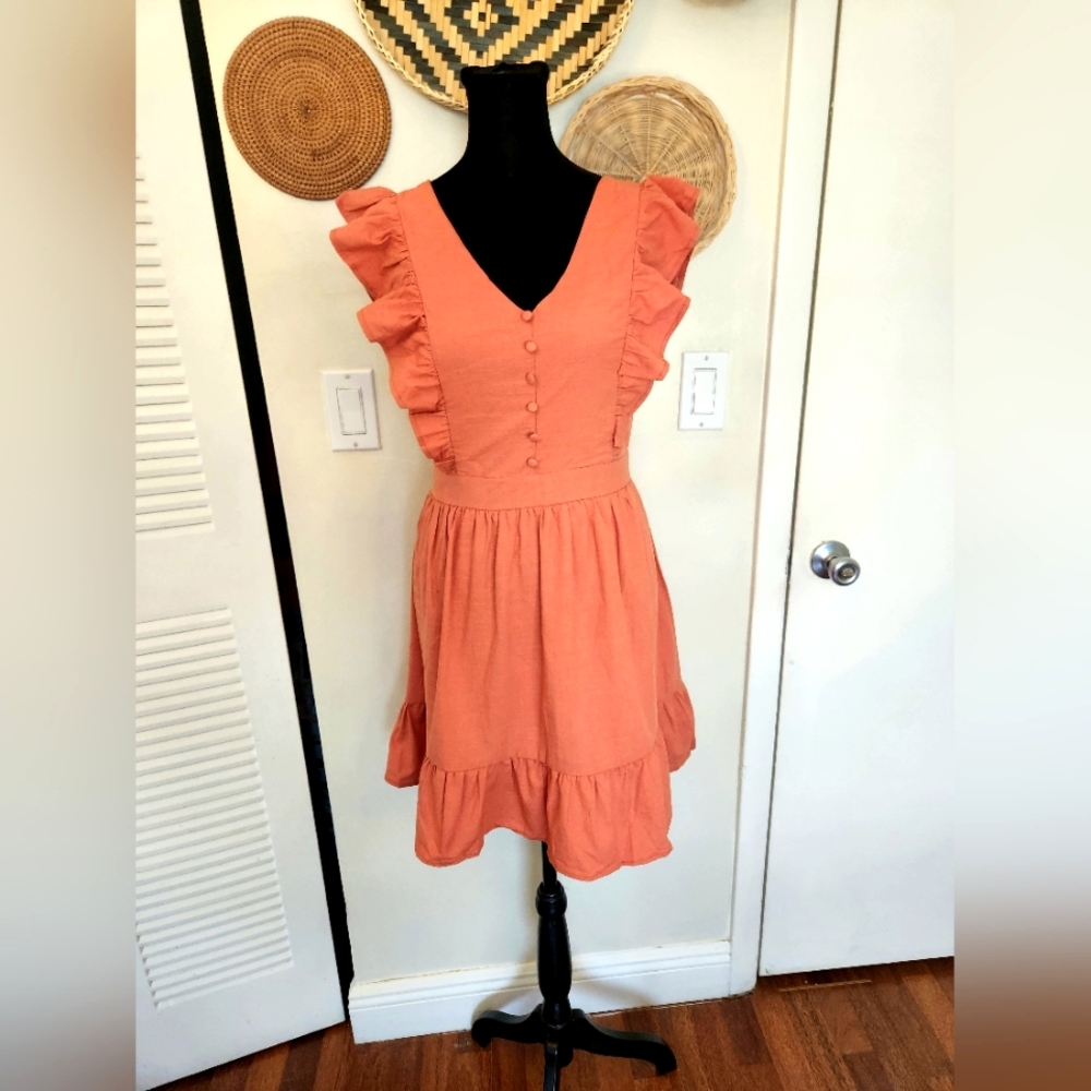 Orange Mini Dress With Ruffles Flutter Sleeves
